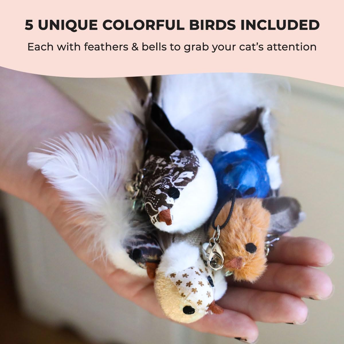 Whiskertons Interactive Bird Cat Toy – Suction Base with 5 Feather Bird Refills & Bells