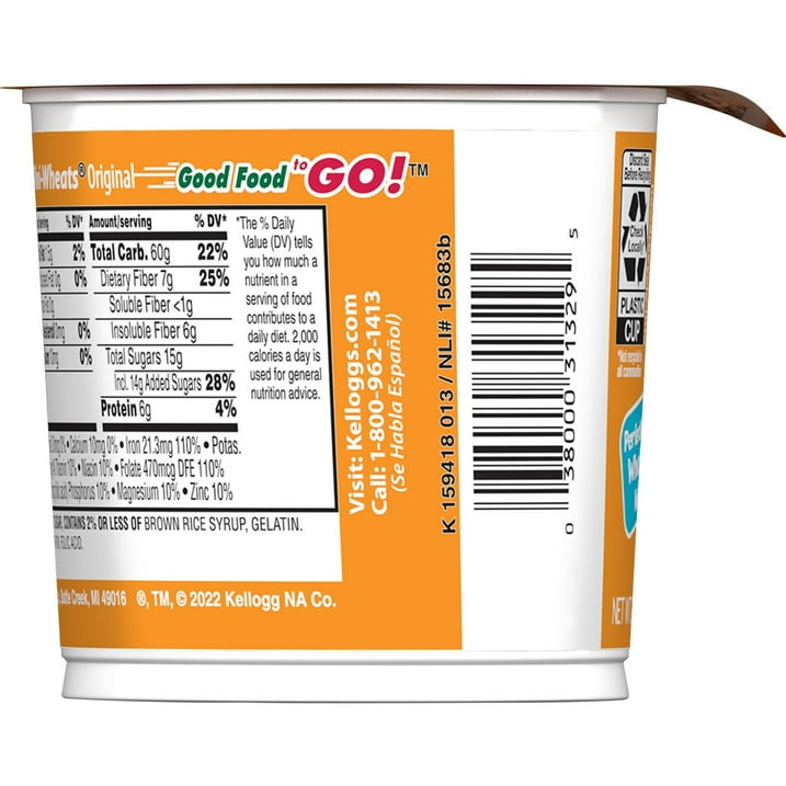 Kellogg's Frosted Mini-Wheats Cold Breakfast Cereal Cup, High-Fiber, Whole Grain, Original, 2.5oz Cup (1 Cup)