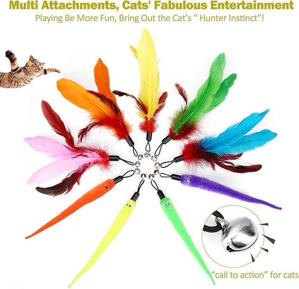 Retractable Cat Wand Toy Set – 2 Wands & 9 Feather Teasers with Bells for Interactive Play