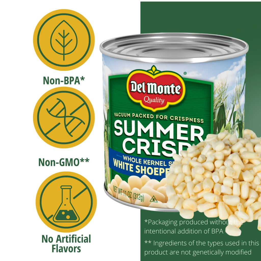 Del Monte Summer Crisp White Shoepeg Corn, Sweet Summer Crisp White Corn, 11 oz Can, Canned Vegetables
