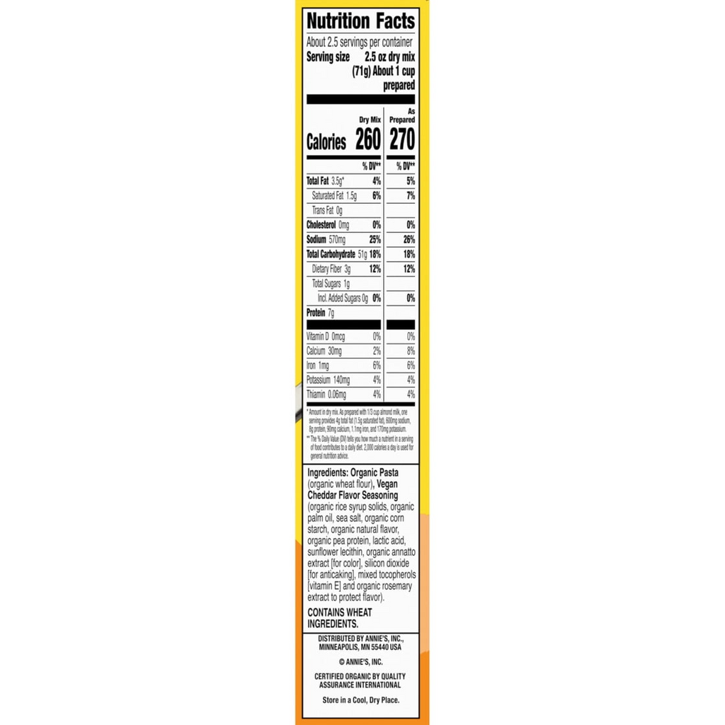 Annie's Vegan Mac and Cheddar Flavor Pasta and Sauce, Organic, Plant Based, 6 oz
