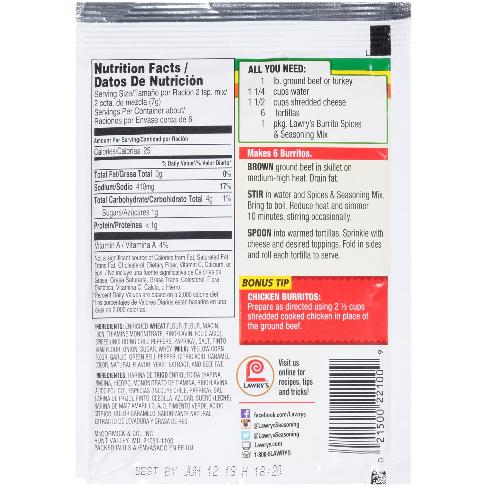 Lawry's Burrito Seasoning Mix, 1.5 oz Packet