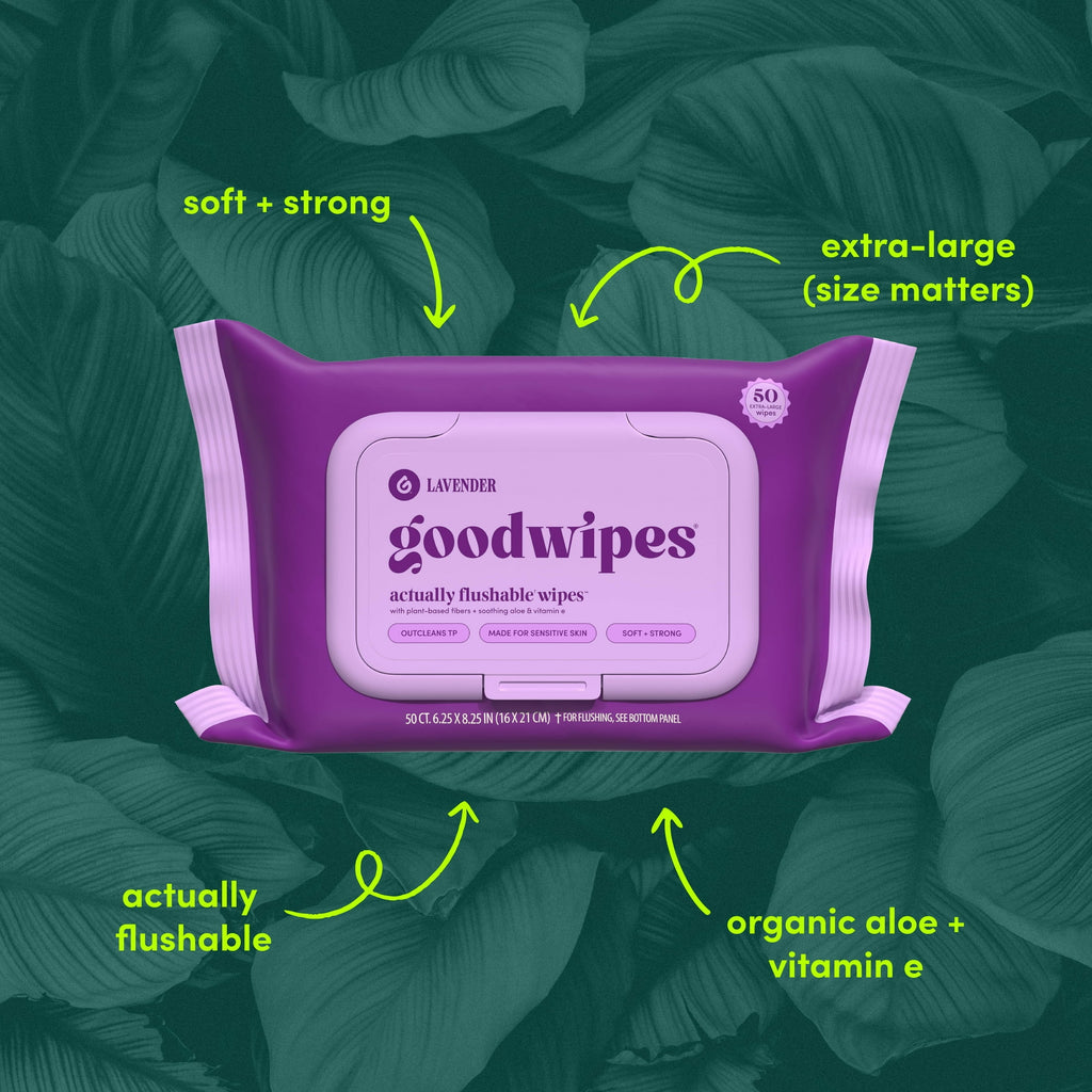 Goodwipes Flushable Butt Wipes, Plant Based Lavender Scented, 1pack, 50 Personal hygiene Total Wipes