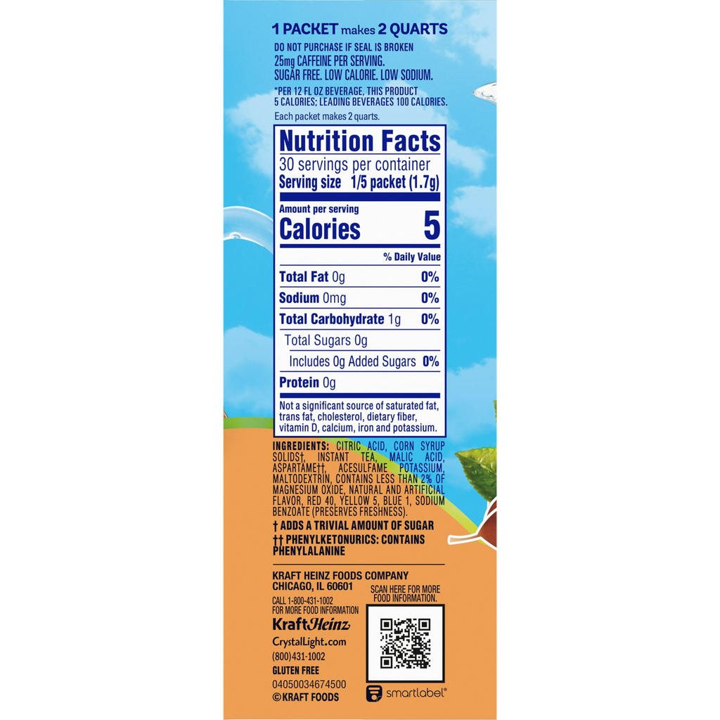 Crystal Light Peach Iced Tea Artificially Flavored Powdered Drink Mix, 6 Count Pitcher Packets